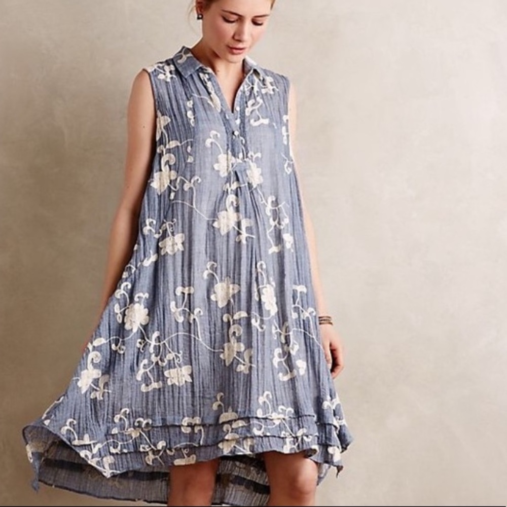Anthropologie Blue Floral Midi Dress with Cream Embroidery